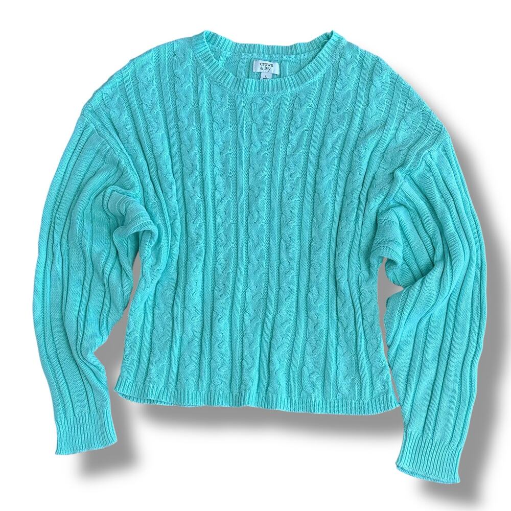 Crown & Ivy Women’s Large Blue Cable Knit Sweater Cotton Blend Preppy Coastal